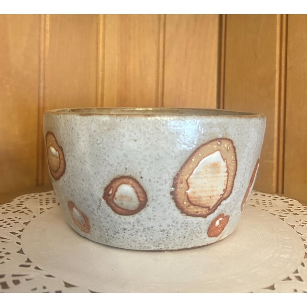 Studio Pottery Rustic Ceramic Bowl Gray Brown Abstract Circular Polka Dot Patter